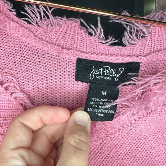 Just Polly Pink Daisy Flower Cropped Raw Hem Distressed Sweater Size Medium - Picture 6 of 11